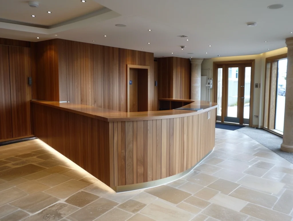 Custom-made reception area with bespoke joinery for the desk walls and doors.