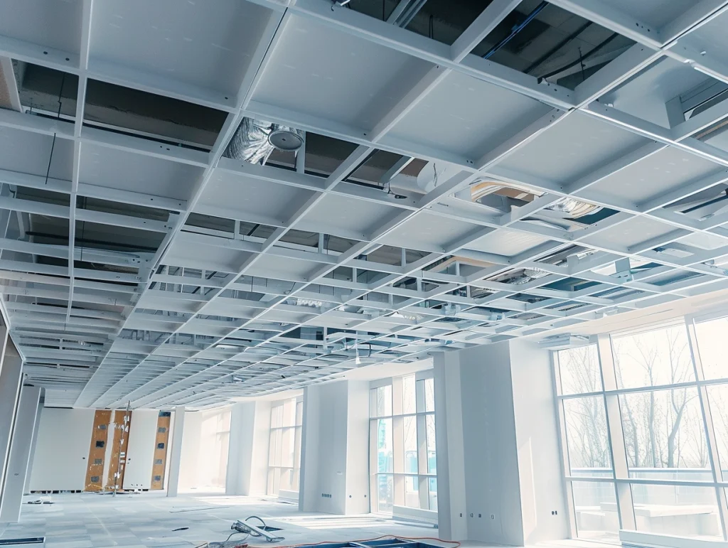 Suspended Ceiling installation in progress showing the framework for the ceiling tiles and light boxes to fit into.
