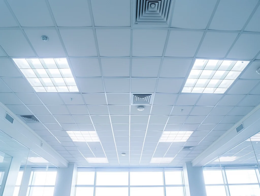 A white suspended ceiling viewed fro below, with vents, square lighting and large windows below