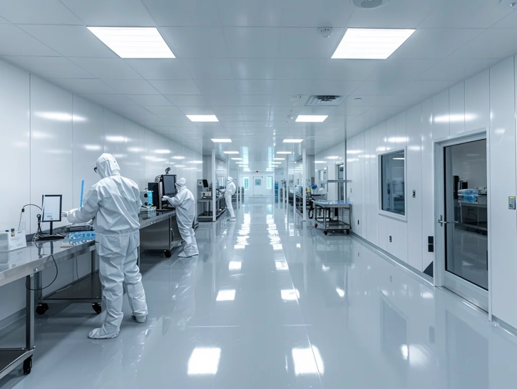 A wide hallway in a clean room laboratory or manufacturing facility. Several people in full clean room suits are working at various stations along the hallway, which has a shiny reflective floor.