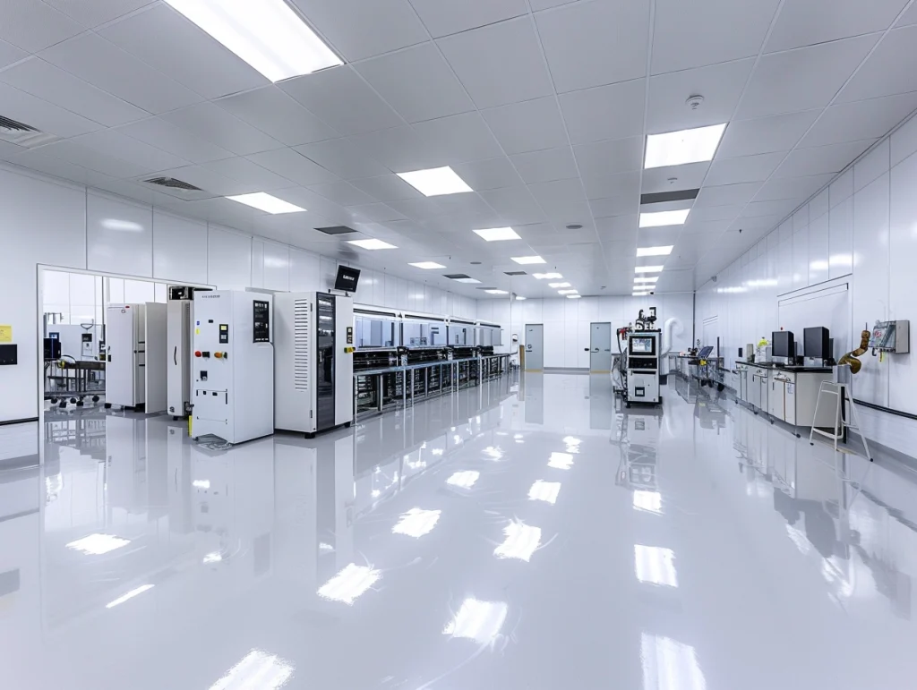 A clean, brightly lit laboratory or manufacturing facility hall with various testing and manufacturing equipment lining the walls. The reflective white flooring shows the overhead lighting.