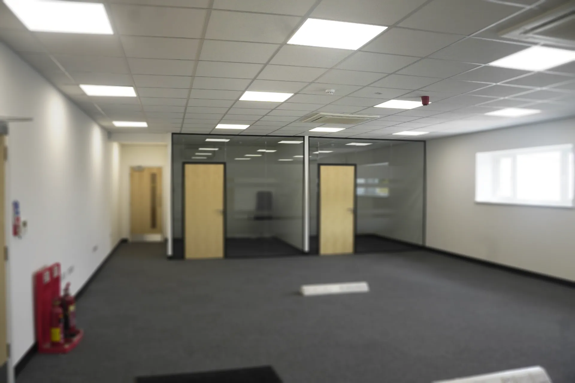 A photograph of a newly refurbished office space with a suspended ceiling in focus.