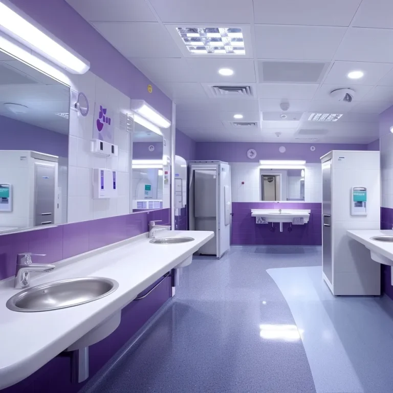 vanity units installed in a hospital bathroom with lavender and white colour scheme for the decor