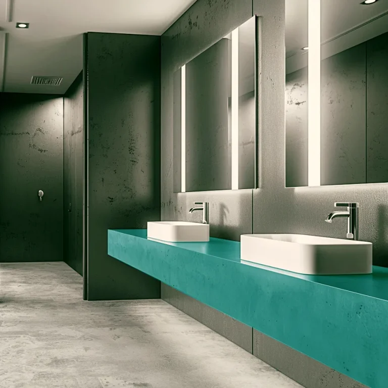 A modern vanity unit clad in waterproof solid surface, matching the wall panels. two large mirrors sit above on a dark wall
