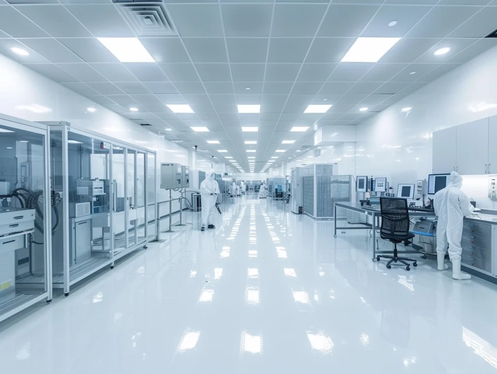 A wide hallway in a high-tech manufacturing facility or laboratory clean room. The hallway is lined with various pieces of equipment and has personnel in full clean room attire working.