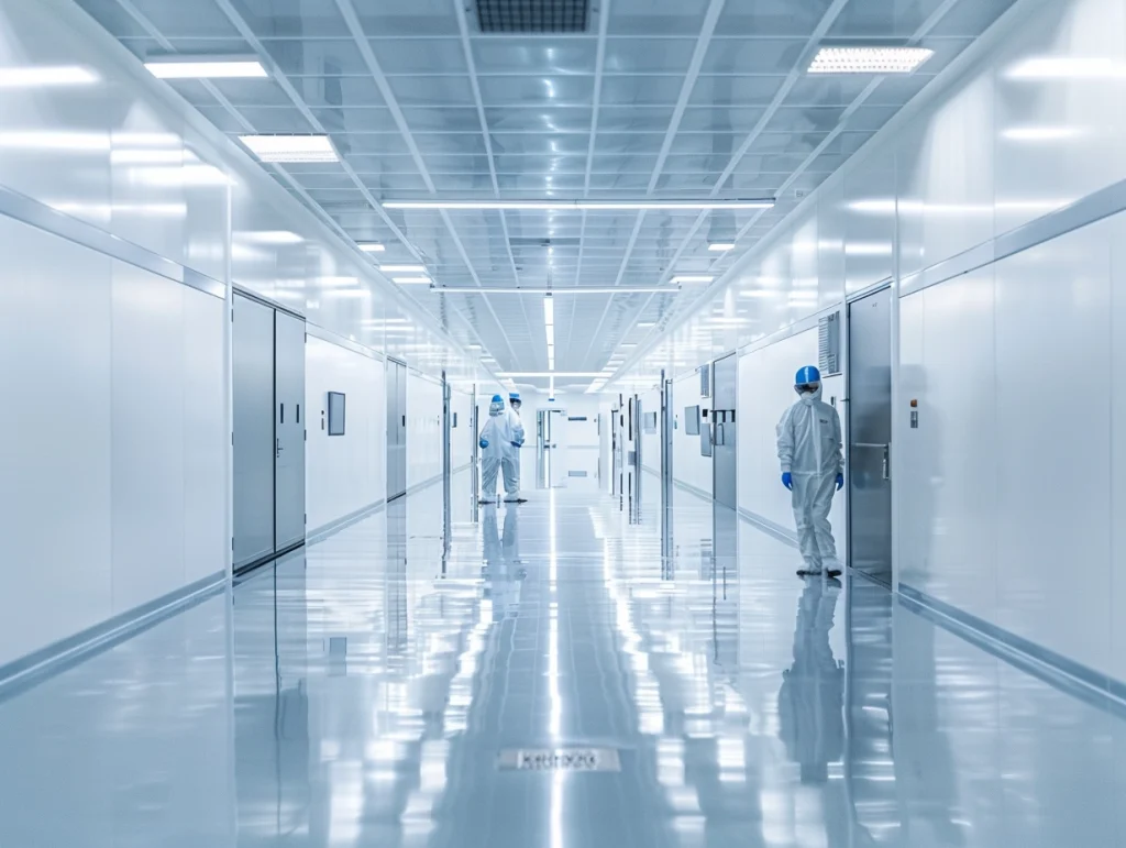 A long hallway in a sterile manufacturing or laboratory facility. Two personnel in full clean room suits are visible in the distance of the highly reflective, empty hallway lined with doors on either side.