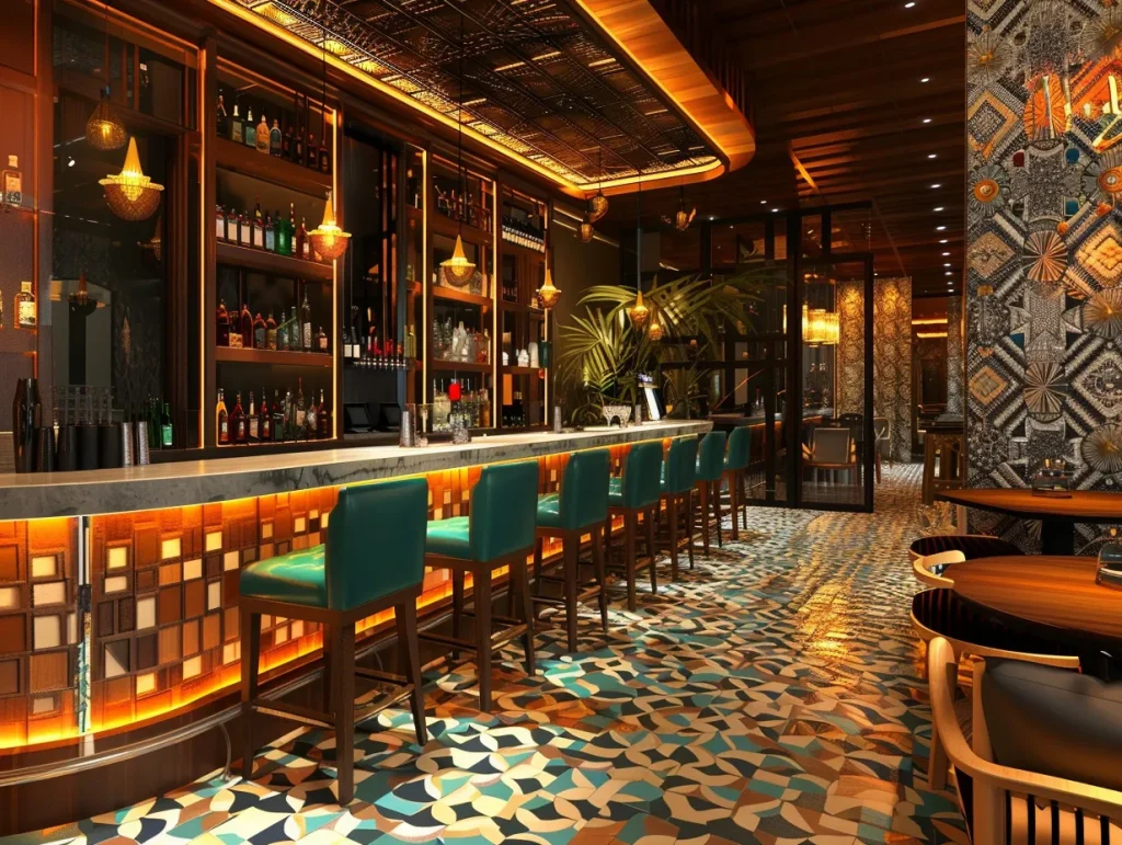 Vibrant bar with patterned floors, teal barstools, and an illuminated bar counter. Decorative lighting and tropical plants add to the exotic feel. Perfect for bar interiors.