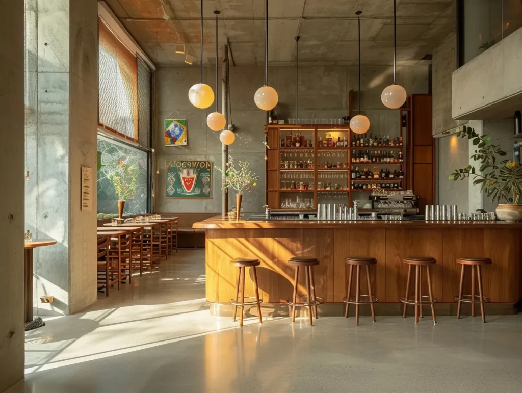 Modern bar with large windows, minimalist décor, and a mix of natural and artificial lighting. Wooden furniture and shelves filled with bottles create a cosy atmosphere. Ideal for bar interiors.