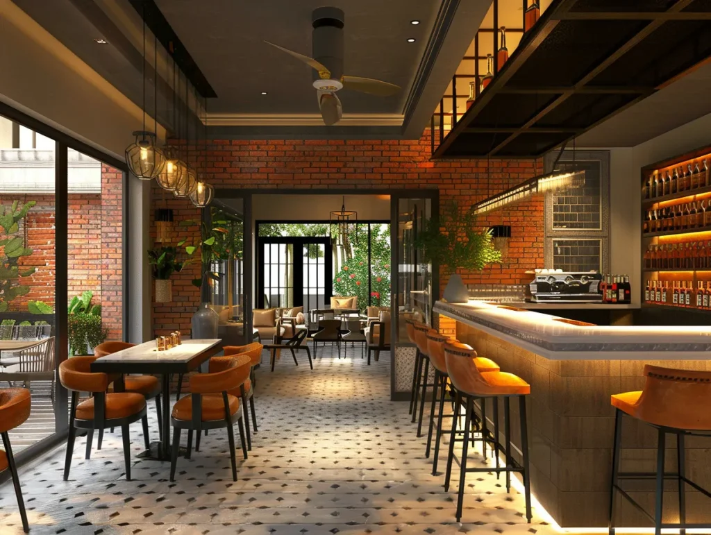 Contemporary bar with a mix of brick and wooden elements, warm lighting, and an inviting outdoor seating area. Features stylish barstools and elegant decor. Exemplary bar interiors.