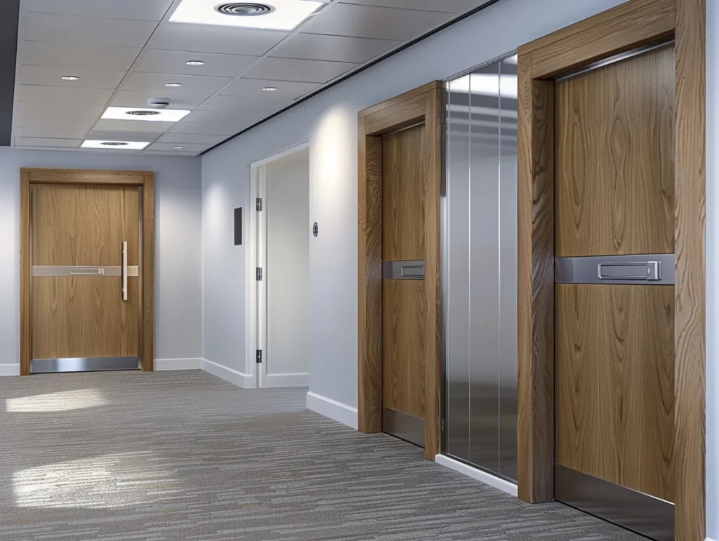 Modern commercial door services image featuring stylish wooden doors with metal accents, offering durability and aesthetic appeal for office environments.