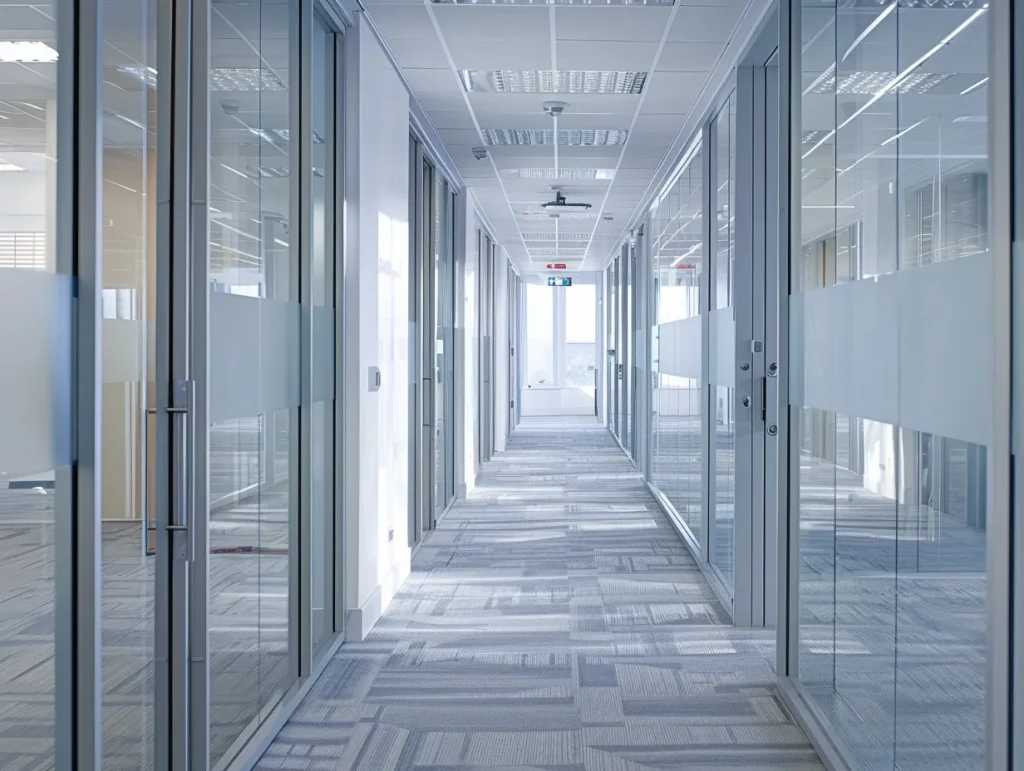 Sleek commercial door services image with glass partitions, providing a transparent and professional look, ideal for contemporary office spaces.
