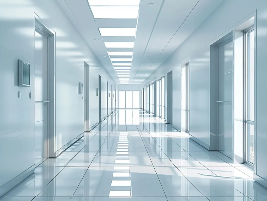 Bright and clean commercial door services image with minimalist doors in a well-lit hallway, perfect for maintaining a modern and efficient work environment.