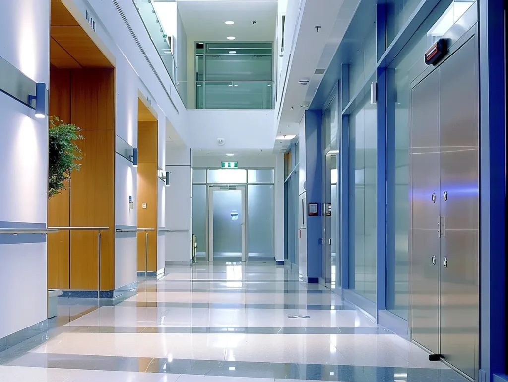Elegant commercial door services image showcasing sturdy metal doors in a polished corridor, designed for high-traffic areas in commercial buildings.