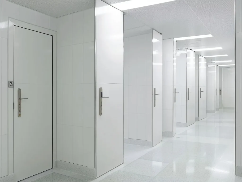 Bright and clean commercial restroom doors, with a minimalist design and sturdy construction, perfect for high-traffic areas.