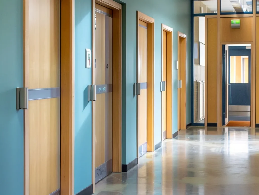 Stylish commercial doors in a corridor, combining natural wood with modern hardware, providing both functionality and aesthetic appeal.