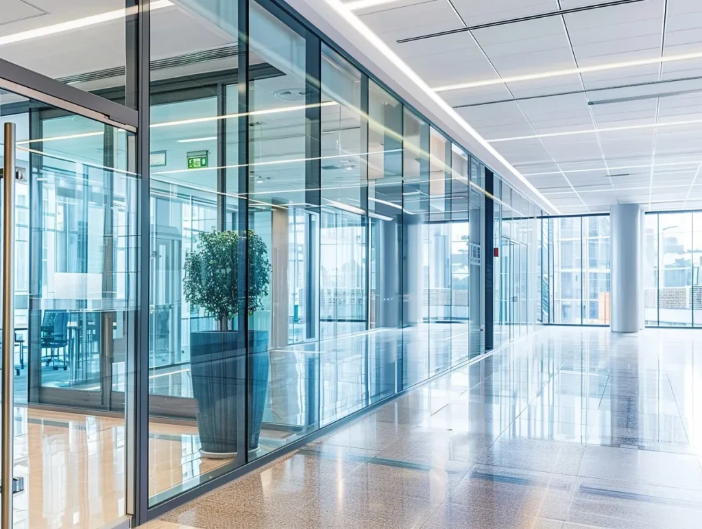 Contemporary glass commercial doors, offering a transparent and open feel, ideal for modern office environments.