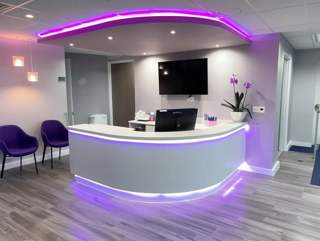 Reception area of a dental surgery fit-out, illuminated with stylish purple LED lights, featuring a contemporary desk and comfortable seating.