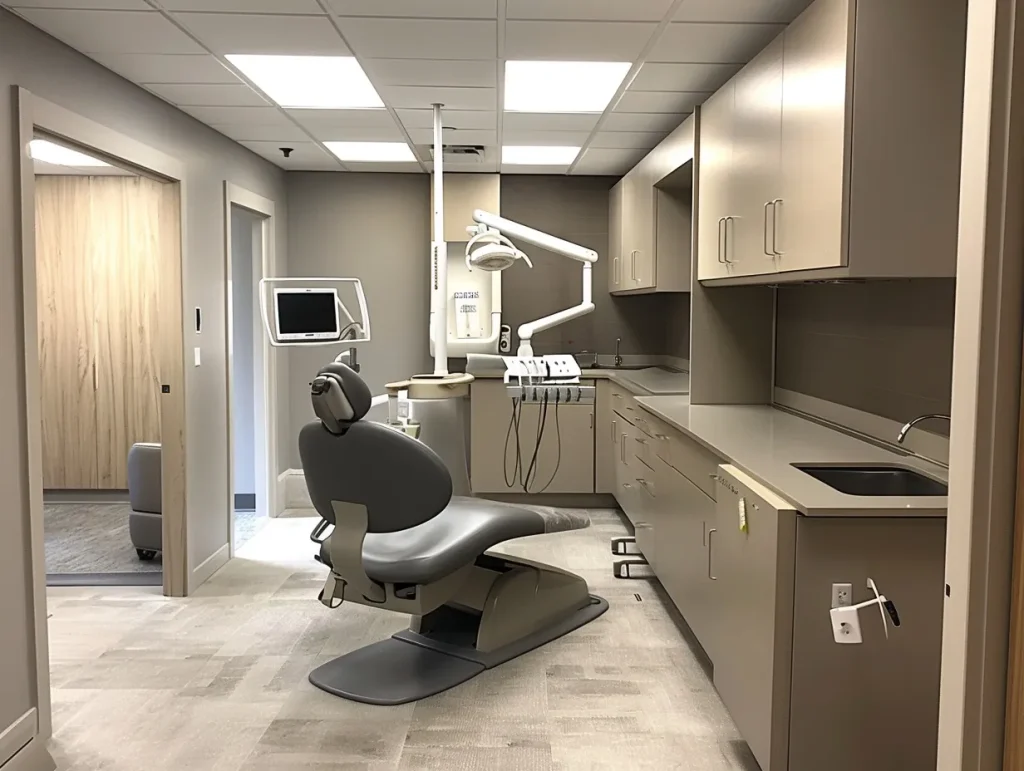 Efficient and clean dental surgery fit-out with a modern dental chair, state-of-the-art equipment, and ample cabinetry in a neutral colour palette.