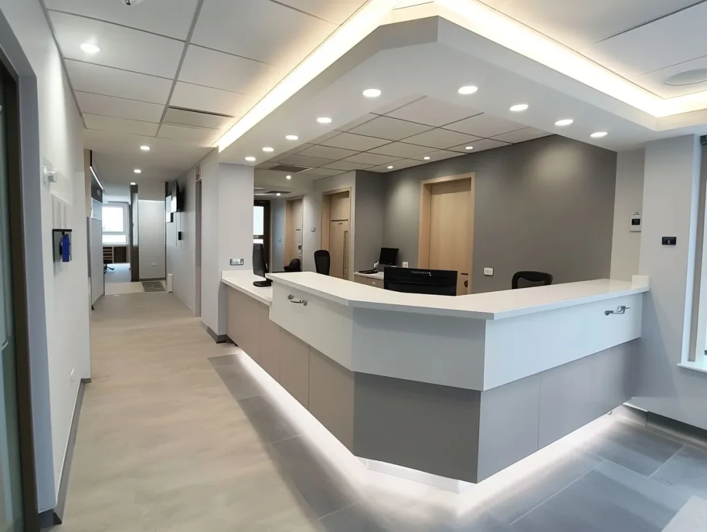 Bright and spacious dental surgery fit-out showcasing a well-organised reception desk and modern lighting, designed for optimal patient comfort.
