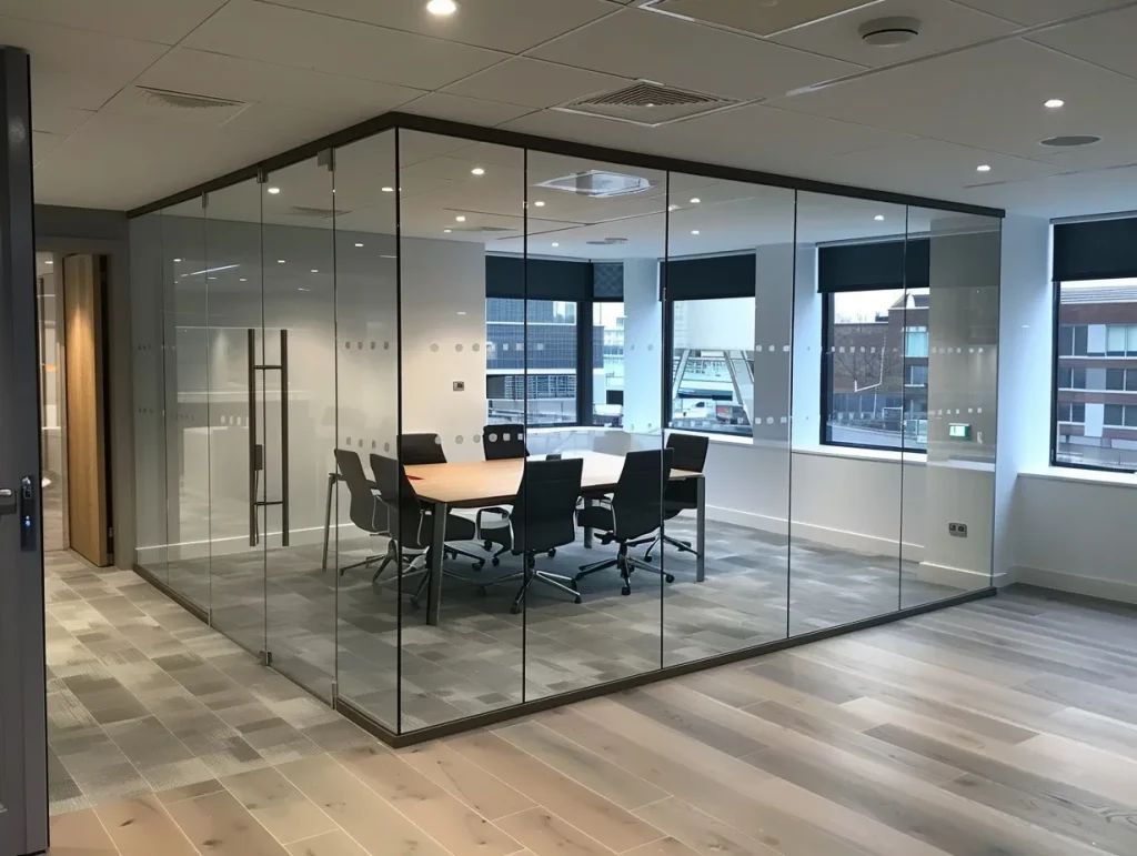 Contemporary office meeting room enclosed by glass partitions, providing a professional and transparent space with ample natural light.