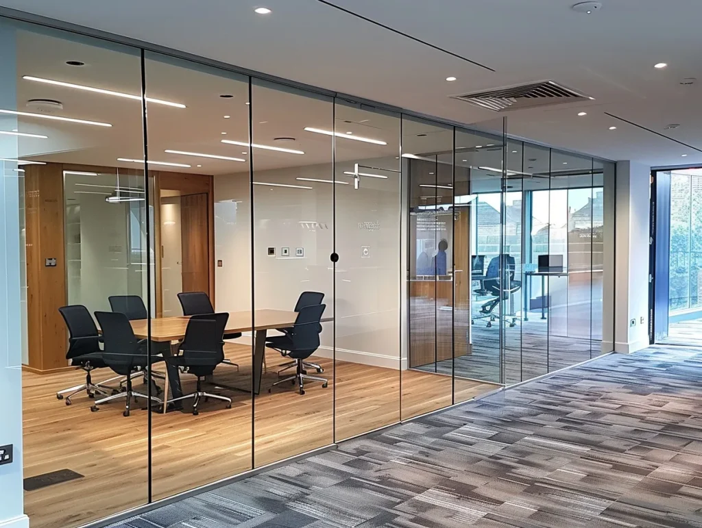 Elegant glass partition system enclosing a meeting area, featuring clear glass panels and a clean, minimalist design to enhance office aesthetics.