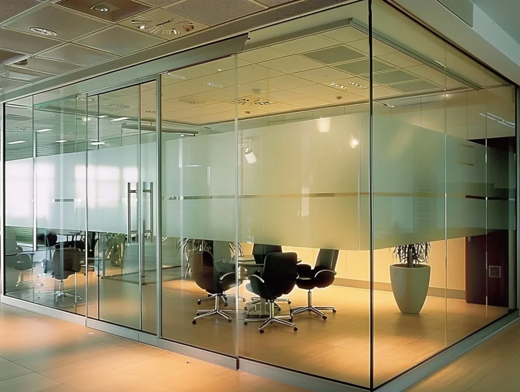 Stylish glass partition system with frosted sections, offering a balance of privacy and openness, ideal for creating distinct office areas.