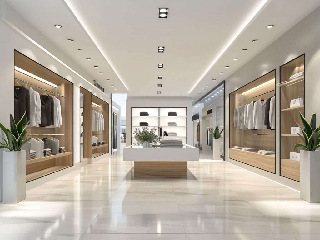 Spacious, modern boutique with sleek wooden shelves displaying a variety of handbags and boxed products, brightly lit with reflective flooring