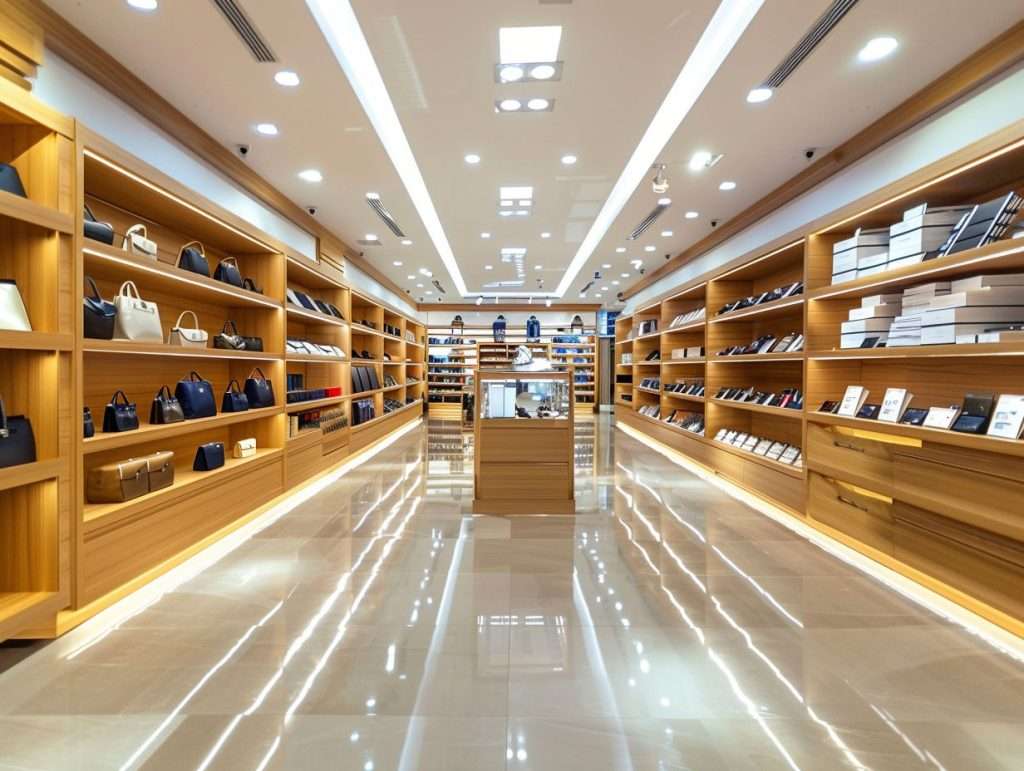 Elegant, modern boutique with sleek wooden and glass displays showcasing clothing and accessories, featuring potted plants and bright, reflective flooring. Designed by shopfitters Hereford.