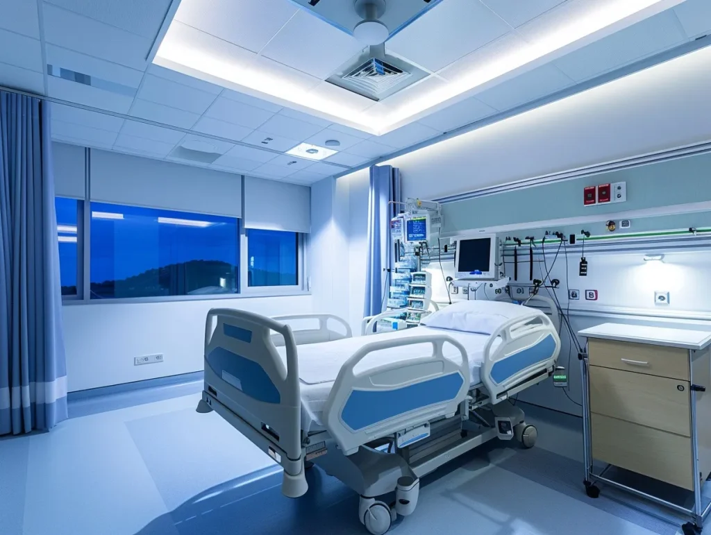 State-of-the-art hospital room refurbishment with advanced medical equipment, comfortable patient bed, and calming blue lighting for a serene environment.