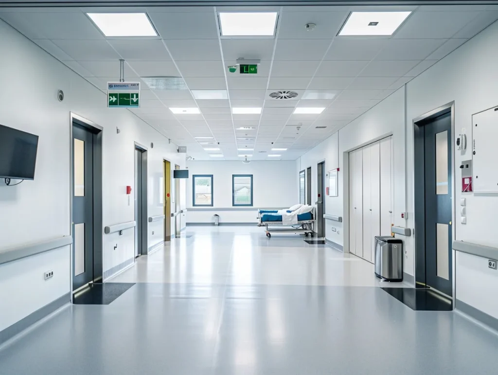 Refurbished hospital corridor with clean lines, modern fixtures, and bright lighting, creating a sterile and efficient healthcare space.