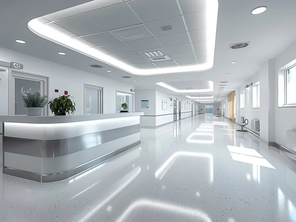 Elegant hospital refurbishment with a spacious reception area, glossy floors, and minimalist design, ensuring a professional and welcoming atmosphere.