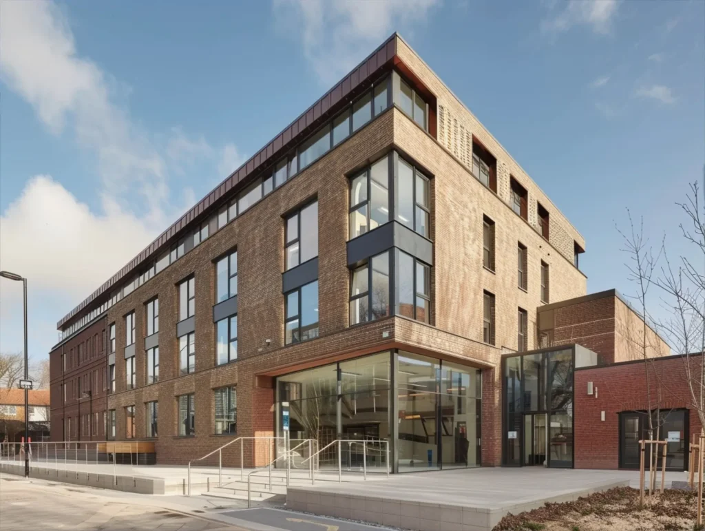Modern local authority refurbishment featuring a sleek exterior with large windows and a welcoming entrance, designed to create a professional and accessible public building.