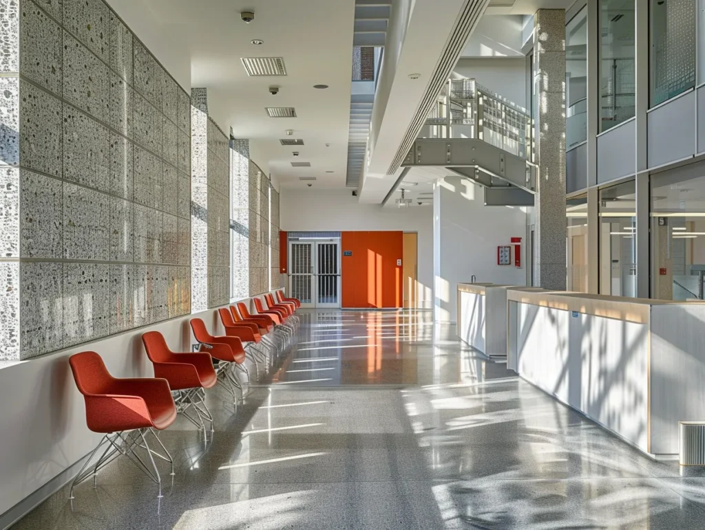 Refurbished hallway in a local authority building, featuring modern seating, large windows, and a polished floor, designed for both functionality and aesthetic appeal.