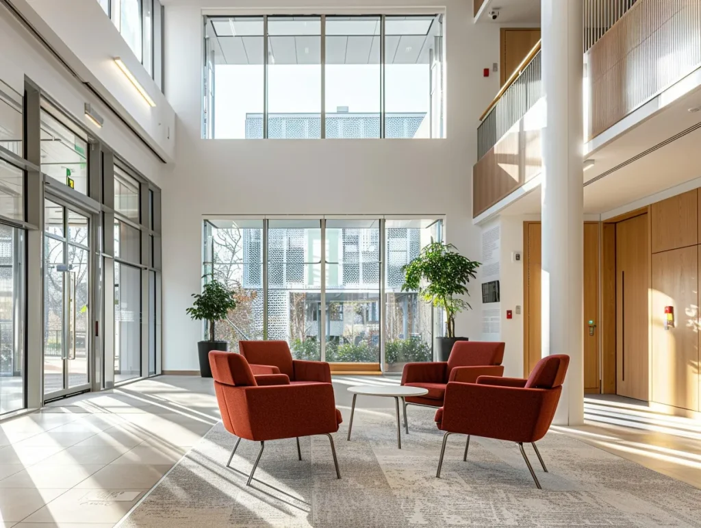 Contemporary local authority refurbishment showcasing a spacious waiting area with comfortable seating, large windows, and a clean, minimalist design.