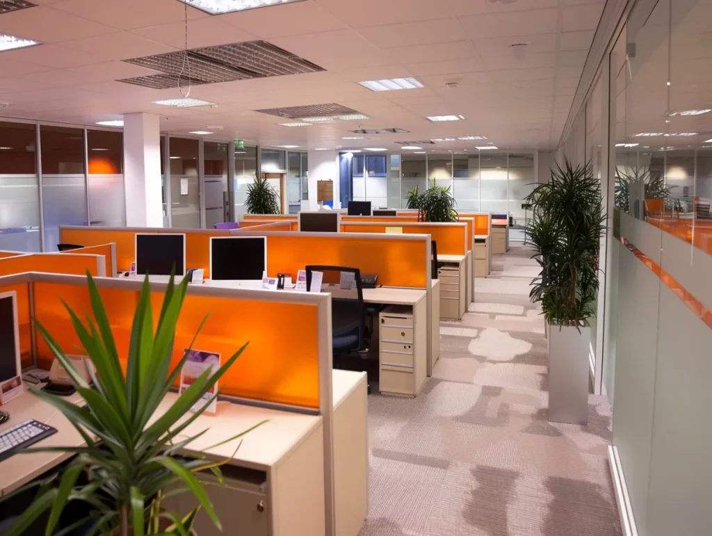 Bright, vibrant office space with orange dividers and multiple workstations, enhanced with greenery. Perfect for office refurbishment.
