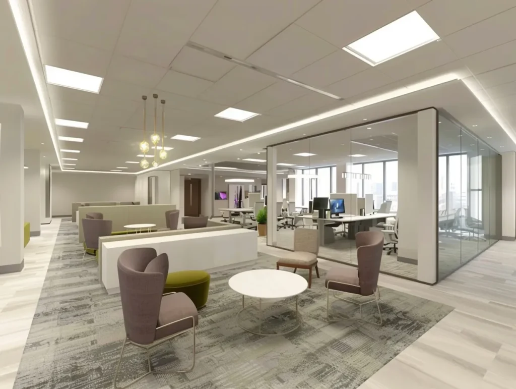 Contemporary office design with spacious seating areas, glass-walled meeting rooms, and stylish lighting. An excellent example of office refurbishment.