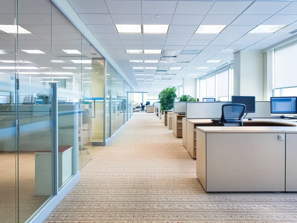 Clean, well-organised office with glass walls, spacious cubicles, and abundant natural light. A great option for office refurbishment.