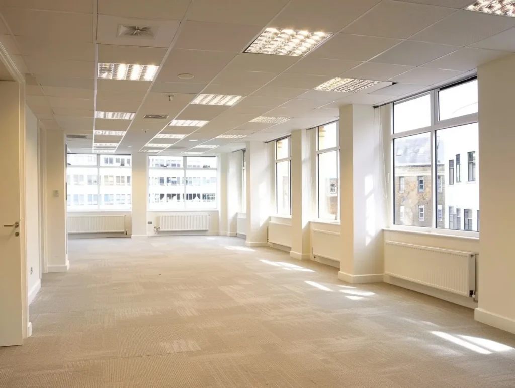An office room freshly painted in a modern, neutral colour palette.