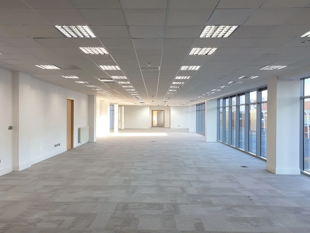 A large office area with new carpeting and freshly painted walls.