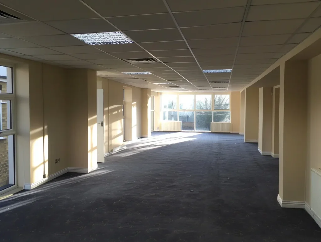 An office under renovation with painting and decorating in progress.