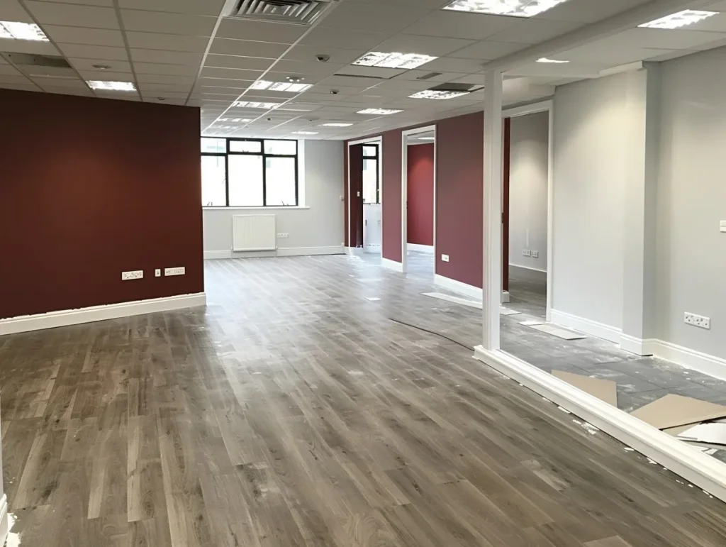 An office renovation showcasing professional painting and decorating work.