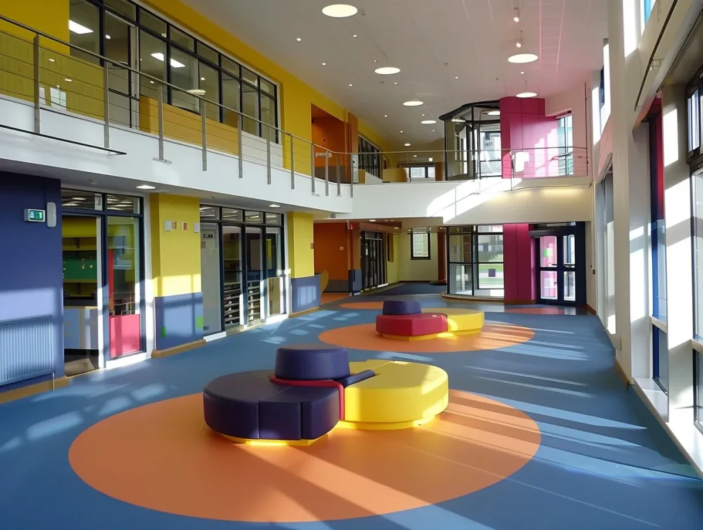 Colourful and spacious common area in a college refurbishment, with modern seating and large windows that let in plenty of natural light, creating a lively and engaging space for students.