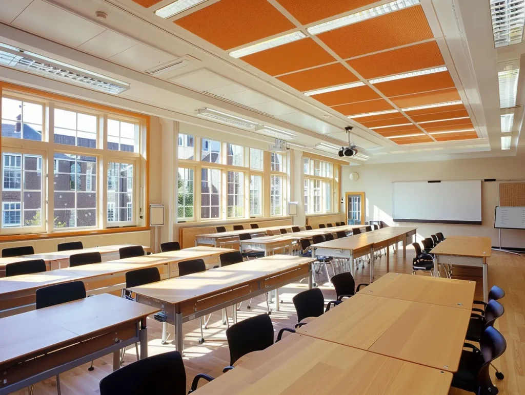 Refurbished classroom with large windows and modern desks, offering a bright and comfortable learning environment, ideal for enhancing student focus and engagement.