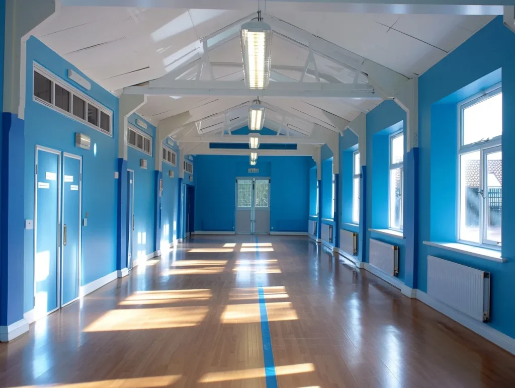 Freshly refurbished school hall with blue walls and natural light streaming through large windows, providing a bright and inviting space for various activities.