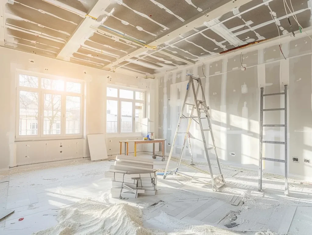 plaster-boarded and scrimmed walls and ceilings ready for plastering