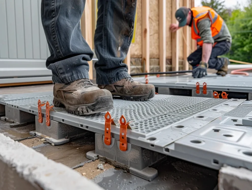 workers installing framework for Raised Access Flooring