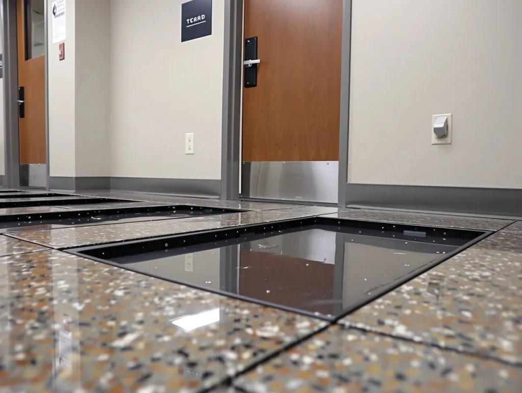 Raised Access Flooring panels being installed in a commercial hallway